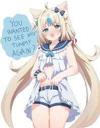 1girl ahoge animal_ear_fluff animal_ears bare_shoulders belt blonde_hair blue_bow blue_eyes blue_hair bow cowboy_shot denim denim_shorts english_text hair_bow highres indie_virtual_youtuber lhofi loli long_hair multicolored_hair open_mouth sameko_saba short_shorts shorts simple_background sleeveless solo speech_bubble stomach streaked_hair very_long_hair virtual_youtuber white_background