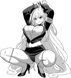 1girl admiral_zenker_(azur_lane) admiral_zenker_(fun_with...interrogations?)_(azur_lane) armband arms_up azur_lane azur_lane:_slow_ahead breasts cleavage greyscale high_heels highres hori_(hori_no_su) horns large_breasts long_sleeves monochrome official_art pencil_skirt shirt simple_background skirt solo spread_legs squatting white_background