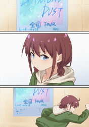 1girl absurdres blue_eyes brown_hair brown_hoodie commentary english_commentary girls_band_cry green_jacket highres hood hood_down hoodie iseri_nina jacket long_sleeves low_twintails short_hair short_twintails summer_left twintails