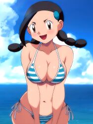 Rule 34 | 1girl, bikini, black hair, blush, breasts, brown eyes, candice (pokemon), cloud, large breasts, looking at viewer, multi-tied hair, nintendo, pokemon, pokemon dppt, swimsuit, tekken papiyon, water