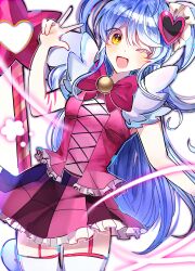 1girl ;d absurdres blue_hair body_markings breasts cowboy_shot frilled_skirt frills hair_ornament heart heart_hair_ornament highres lobotomy_corporation one_eye_closed open_mouth pink_garter_straps pink_shirt project_moon queen_of_hatred shirt simple_background skirt sleeveless sleeveless_shirt smile solo staff star_(symbol) third-party_source two_side_up user_hhyy2277 w white_background yellow_eyes