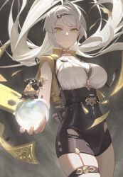 1girl absurdres arm_behind_back black_gloves breasts cowboy_shot fingerless_gloves floating_hair gloves grey_background hair_ornament hairclip high-waist_shorts highres holding_orb jacket ju_fufu large_breasts light_frown long_hair looking_at_viewer mini_person orb pan_yinhu reaching reaching_towards_viewer shengkai167 shorts solo_focus white_hair yellow_eyes yellow_jacket yixuan_(zenless_zone_zero) zenless_zone_zero