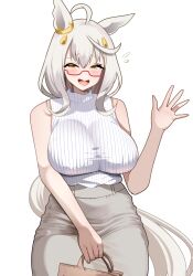1girl absurdres ahoge alternate_costume animal_ears bag biwa_hayahide_(umamusume) blush breasts commentary_request cowboy_shot ear_ornament grey_hair grey_skirt hair_ornament handbag highres horse_ears horse_girl horse_tail large_breasts long_hair open_mouth red-framed_eyewear ribbed_sweater semi-rimless_eyewear skirt sleeveless sleeveless_sweater smile smoke_klll solo spade_hair_ornament sweater tail umamusume under-rim_eyewear very_long_hair waving white_sweater yellow_eyes