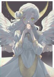 Rule 34 | 1girl, angel wings, blush, cowboy shot, dress, eyes visible through hair, green eyes, hair bun, hair ornament, hair over one eye, highres, holding own hand, long hair, looking at viewer, moon, open mouth, original, parted bangs, pointy ears, purimo (xxxmofmof), single hair bun, slit pupils, solo, teeth, tongue, upper teeth only, white dress, white hair, white wings, wings, yellow nails