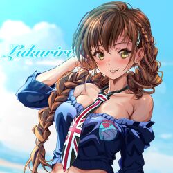 1girl absurdres adapted_costume bare_shoulders beach beard black_necktie blue_sweater braid breasts brown_eyes brown_hair character_name checkered_clothes collarbone dated emblem facial_hair girls_und_panzer groin hair_ornament hairpin highres large_breasts long_beard long_hair midriff_peek navel necktie pantyhose rukuriri_(girls_und_panzer) school_uniform shirt single_braid skirt smile st._gloriana&#039;s_(emblem) st._gloriana&#039;s_school_uniform strapless strapless_shirt sweater tomokoji union_jack_print unworn_pantyhose upper_body wind wind_lift