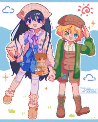 1girl 2boys basil_(omori) black_hair blonde_hair blue_eyes boots brown_boots brown_hat fang hat hero_(omori) highres holding_hands hoshidashiki long_hair long_sleeves looking_at_viewer mari_(omori) multiple_boys neck_ribbon omori one_eye_closed open_mouth red_ribbon ribbon short_hair skin_fang smile thighhighs white_thighhighs