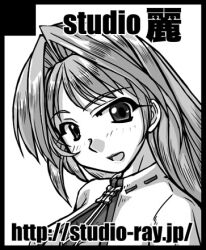 Rule 34 | 1girl, blush, border, capelet, circle cut, circle name, commentary request, greyscale, hair intakes, long hair, looking at viewer, lowres, monochrome, open mouth, ragnarok online, ribbon-trimmed capelet, ribbon trim, smile, solo, swordsman (ragnarok online), tatsumi ray, upper body, watermark, web address