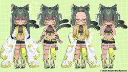 1girl :3 acti_matatabi animal_ear_fluff animal_ears armband armpit_crease arms_up asymmetrical_legwear bandaid bare_shoulders belt big_head black-framed_eyewear black_armband black_choker black_panties blunt_bangs cat_ears cat_girl cat_tail child choker coat crop_top dark-skinned_female dark_skin earrings fang fingerless_gloves fishnet_gloves fishnet_top fishnets flat_chest forehead glasses gloves green_background green_hair green_liquid green_shoes green_tail hair_ornament hair_over_eyes hair_tie highleg highleg_panties highres id_card jewelry kinako_mitu lab_coat large_forehead legband long_bangs long_hair long_sleeves looking_at_viewer mad_scientist midriff multicolored_eyes multicolored_hair multiple_belts multiple_tails nail_polish navel non-web_source official_art panties paw_print pill_hair_ornament pocket pouch red_eyes reference_sheet ricorie_productions round_eyewear shoelaces shoes short_hair short_shorts shorts side_ponytail simple_background single_leg_pantyhose skindentation sleeves_past_fingers sleeves_past_wrists smile solo string_panties tail thigh_pouch two_side_up underwear vial virtual_youtuber white_coat yellow_belt yellow_eyes