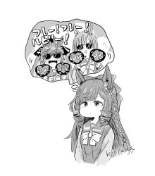 3girls animal_ears artist_name bow breasts commentary_request daiichi_ruby_(umamusume) expressionless glasses hair_between_eyes hair_bow hair_ornament hand_fan horse_ears horse_girl ikuno_dictus_(umamusume) kiryuu_suruga monochrome multiple_girls school_uniform simple_background small_breasts sunglasses teeth thinking tracen_school_uniform twin_turbo_(umamusume) umamusume upper_teeth_only white_background