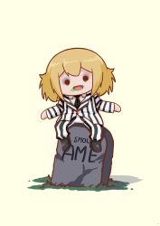 1girl absurdres bags_under_eyes beetlejuice beetlejuice_(character) beetlejuice_(character)_(cosplay) black_boots black_necktie black_pants black_suit blonde_hair boots cosplay formal_clothes highres hololive hololive_english looking_at_viewer messy_hair necktie pants phdpigeon simple_background sitting smol_ame solo straight-on striped_clothes striped_pants striped_suit suit tombstone virtual_youtuber watson_amelia white_pants white_suit yellow_background