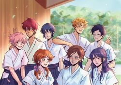 3girls 5boys andythelemon black_hair blonde_hair blush brown_eyes brown_hair freckles green_eyes hair_ribbon hanazawa_yuuna happy kisaragi_nanao looking_at_another multiple_boys multiple_girls narumiya_minato onogi_kaito pale_skin pink_hair ponytail rabbit_ears red_hair ribbon seo_rika shiragiku_noa short_hair sportswear takehaya_seiya tsurune:_kazemai_koukou_kyuudoubu yamanouchi_ryouhei