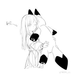 1girl aged_down bang_dream! bang_dream!_it&#039;s_mygo!!!!! blush chinese_commentary chinese_text closed_mouth commentary_request dkl_(dinosaurkl2) greyscale highres long_hair monochrome one_eye_closed simple_background solo stuffed_animal stuffed_toy translation_request wakaba_mutsumi white_background