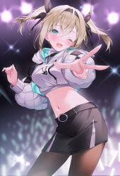 1girl ;d absurdres black_hairband black_pantyhose black_ribbon black_skirt blonde_hair blurry blurry_background breasts commentary_request contrapposto cropped_hoodie crossed_bangs double-parted_bangs drawstring glowstick hair_between_eyes hair_ribbon hairband hand_up highres hololive hood hoodie kazama_iroha kazama_iroha_(pop_dance) long_sleeves looking_at_viewer miniskirt navel official_alternate_costume official_alternate_hairstyle one_eye_closed open_mouth outstretched_arm pantyhose penlight_(glowstick) quilted_clothes ribbon short_hair skirt small_breasts smile solo swimsuit twintails ureinnn virtual_youtuber