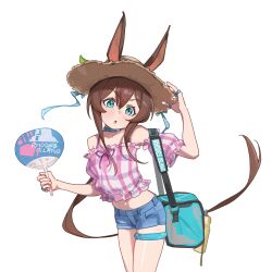 1girl :o amiya_(arknights) animal_ears aqua_eyes arknights bare_shoulders blue_shorts blush brown_hair brown_hat camisole chinese_commentary commentary_request cowboy_shot crop_top denim denim_shorts detached_sleeves ears_through_headwear hair_between_eyes hand_fan hand_fan_writing hat highres holding holding_fan jewelry ki26 long_hair looking_at_viewer midriff multiple_rings navel off_shoulder pink_camisole pink_sleeves plaid_camisole plaid_clothes plaid_sleeves ponytail ring short_shorts short_sleeves shorts sidelocks simple_background solo standing thighlet very_long_hair white_background white_camisole white_sleeves