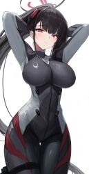 1girl absurdres arms_behind_head arms_up black_bodysuit black_hair black_halo blue_archive bodysuit breasts cowboy_shot curvy gabang halo highres impossible_bodysuit impossible_clothes large_breasts long_hair looking_at_viewer multicolored_bodysuit official_alternate_costume red_eyes rio_(blue_archive) rio_(bodysuit)_(blue_archive) simple_background skin_tight solo sweatdrop thigh_gap very_long_hair white_background wide_sleeves