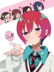 Rule 34 | 5girls, amate yuzuriha, aqua eyes, blood, blowing kiss, blush, commentary request, gundam, gundam gquuuuuux, heart, highres, long sleeves, looking at viewer, multiple girls, necktie, nosebleed, open mouth, red hair, sabi1234, school uniform, shirt, short hair, simple background, smile, speech bubble, spoken heart, sweater
