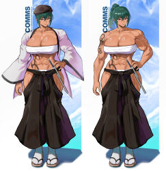 1girl abs absurdres arm_tattoo breasts chest_sarashi commentary commission earrings green_hair highres jewelry large_breasts long_hair mole mole_under_eye muscular muscular_female original park_ongjol ponytail red_eyes sarashi solo tattoo