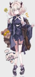 1girl :t bow chibi chibi_inset dress full_body girls&#039;_frontline gun hair_bow hair_ornament handgun high-capacity_magazine highres horizontal_magazine kel-tec kel-tec_p50 looking_at_viewer magazine_(weapon) odmised p50_(girls&#039;_frontline) pdw-caliber_pistol pink_eyes pistol pout purple_dress single_bare_shoulder solo stuffed_animal stuffed_toy teddy_bear thigh_strap translucent translucent_magazine two_side_up weapon white_hair