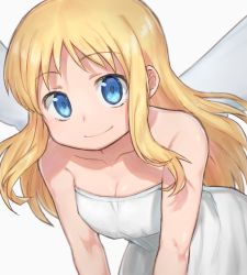 1girl 1other angel angel_wings bare_shoulders blonde_hair blue_eyes breasts cleavage closed_mouth crimvael dress female_focus ishuzoku_reviewers komiya_harumoto long_hair looking_at_viewer medium_breasts other_focus smile solo strapless strapless_dress upper_body v_arms white_dress wings