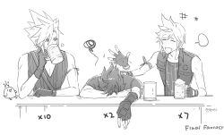 Rule 34 | 3boys, alcohol, aries20770321, arm ribbon, beer mug, black gloves, black vest, blank speech bubble, closed eyes, cloud strife, crown, cup, drinking, drunk, final fantasy, final fantasy vii, final fantasy vii advent children, final fantasy xv, fingerless gloves, freckles, gloves, greyscale, head on table, highres, holding, in-franchise crossover, looking at another, male focus, monochrome, mug, multiple boys, noctis lucis caelum, open mouth, patting back, prompto argentum, ribbon, short hair, sitting, sleeveless, smile, speech bubble, spiked hair, table, vest