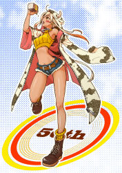 1girl absurdres animal_print blue_background blue_shorts boots breasts brown_boots commentary_request cow_print crop_top earclip fake_horns full_body fur-trimmed_shorts fur_trim highres holding holding_milk_carton horns jacket long_sleeves midriff milk_carton munemo navel open_clothes open_jacket open_mouth pink_eyes pink_hair print_jacket shirt short_hair short_shorts shorts sleeveless sleeveless_shirt small_breasts socks solo standing standing_on_one_leg yellow_shirt yellow_socks yukico-tan yukijirushi