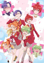 Rule 34 | 1boy, 3girls, absurdres, ahoge, ayase yuu (mikadono sanshimai), blazer, blonde hair, blue nails, blush, earrings, falling petals, fang, gradient hair, green hair, green nails, hair bun, highres, hood, hoodie, jacket, jewelry, jigsaw puzzle, key visual, long hair, long sleeves, looking at viewer, mikadono kazuki, mikadono miwa, mikadono niko, mikadono sanshimai wa angai choroi, miniskirt, multicolored hair, multiple girls, necktie, official art, orange hair, orange nails, petals, promotional art, purple hair, puzzle, red eyes, red hair, red jacket, red nails, school uniform, shirt, short hair, siblings, single hair bun, sisters, skirt, smile, white shirt, yellow eyes