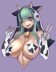 1girl animal_ears animal_print black_eyes black_gloves black_pasties breasts commentary cow_ears cow_print cow_print_gloves cow_print_pasties fingerless_gloves gloves green_hair highres horns large_breasts long_hair navel nezo nova_(nezo) one_eye_closed original pasties print_gloves purple_background simple_background smile solo star-shaped_pupils star_(symbol) star_pasties symbol-only_commentary symbol-shaped_pupils two-tone_gloves v white_gloves white_pasties