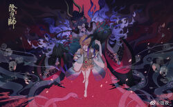 1girl absurdres ahoge arrow_(projectile) bare_legs bare_shoulders barefoot blonde_hair character_request copyright_name detached_sleeves dress feet finger_to_mouth fire full_body hair_between_eyes hair_over_shoulder highres holding_hands knees lipstick logo long_hair long_sleeves makeup messy_hair onmyoji parted_lips petals purple_fire red_background red_eyes red_lips ribbon-trimmed_sleeves ribbon_trim shiye_(weibo_2175819644) short_dress skull snake solo standing traditional_youkai very_long_hair watermark weibo_watermark white_sleeves yellow_dress