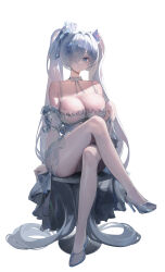 1girl absurdres blue_eyes breasts cinderella_(glass_princess)_(nikke) cinderella_(nikke) cleavage commentary crossed_legs crown dress glass_slipper goddess_of_victory:_nikke highres klakmon large_breasts long_hair mini_crown official_alternate_costume simple_background sitting solo twintails very_long_hair white_background white_dress white_hair