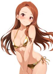 1girl absurdres areola_slip bad_source baji_toufuu_(bajitohfu) bikini blush breasts brown_hair closed_mouth gold_bikini golden_week highres idolmaster idolmaster_(classic) long_hair medium_breasts minase_iori red_eyes shiny_swimsuit side-tie_bikini_bottom simple_background solo swimsuit thigh_gap white_background