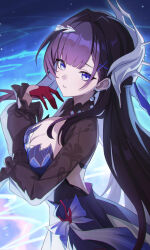 1girl absurdres arm_under_breasts black_shrug blunt_bangs breasts cleavage commentary_request dress from_side gloves hair_intakes hair_ornament hand_up highres honkai:_star_rail honkai_(series) hysilens_(honkai:_star_rail) light_particles long_hair long_sleeves looking_at_viewer medium_breasts parted_lips print_sleeves purple_dress purple_eyes purple_hair red_gloves shali shrug_(clothing) solo standing very_long_hair water x_hair_ornament