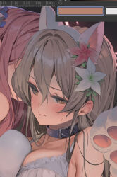 Rule 34 | 2girls, alternate costume, animal collar, animal ear hairband, animal ears, animal hands, armpit crease, art program in frame, asymmetrical docking, averting eyes, belt collar, blue archive, blush, bra, breast press, breasts, breath, brown eyes, cat ear hairband, cat ears, clip studio paint, clip studio paint (medium), closed mouth, collar, collarbone, commentary, cropped, double-parted bangs, embarrassed, fake animal ears, flower, gloves, grey hair, hair between eyes, hair flower, hair ornament, hairband, large breasts, lily (flower), lingerie, long hair, looking to the side, mika (blue archive), multiple girls, nagisa (blue archive), parsley-f, paw gloves, pet play, pink hair, pursed lips, sweatdrop, symbol-only commentary, underwear, whispering in ear, white bra, yuri