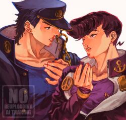 2boys anchor_ornament black_hair black_jacket blood blood_on_face blood_on_hands blue_eyes blue_shirt chain diamond_wa_kudakenai earrings english_text gakuran hat higashikata_josuke highres jacket jewelry jojo_no_kimyou_na_bouken kuujou_joutarou looking_at_another male_focus multiple_boys nosebleed parted_lips peace_symbol pompadour purple_eyes purple_hair purple_jacket purple_shirt school_uniform shirt stardust_crusaders time_paradox togusa_jj uncle_and_nephew watermark white_background