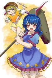 2girls ambiguous_red_liquid animal_ears bad_id bad_twitter_id blonde_hair blue_dress blue_hair blush dango doroame_(ameyu) dress flat_cap floppy_ears food hat highres invisible_chair jpeg_artifacts kine looking_at_viewer mallet multiple_girls open_mouth orange_shirt puffy_short_sleeves puffy_sleeves rabbit_ears red_eyes ringo_(touhou) seiran_(touhou) shirt short_hair short_sleeves shorts sitting touhou wagashi