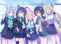 5girls absurdres ahoge animal_ears ayane_(blue_archive) black_gloves black_hair black_skirt blazer blue_archive blue_eyes blue_halo blue_jacket blue_necktie blue_scarf character_request check_character closed_eyes closed_mouth commentary_request fingerless_gloves foreclosure_task_force_(blue_archive) glasses gloves green_gloves grey_hair halo hand_up highres hoshino_(blue_archive) id_card jacket locked_arms long_hair long_sleeves multiple_girls necktie nifuji nonomi_(blue_archive) one_eye_closed open_mouth parted_lips pink_hair pink_halo pleated_skirt red-framed_eyewear red_eyes red_halo scarf serika_(blue_archive) shiroko_(blue_archive) shirt skirt smile twintails v very_long_hair white_shirt wolf_ears yellow_halo