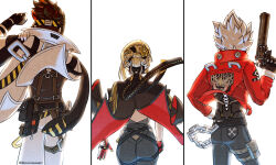 1girl 2boys anton_ivanov belt billy_kid black_coat black_gloves black_pants black_shirt blonde_hair coat cowboy_shot cyborg evelyn_chevalier from_behind gloves gun half_gloves headband high-waist_pants highres himuronanart holding holding_gun holding_weapon humanoid_robot jacket multicolored_hair multiple_boys pants red_jacket ring_hair_ornament robot robot_boy shirt single_half_glove spiked_hair striped_headband tight_clothes tight_pants two-tone_hair weapon white_hair white_jacket white_pants yellow_headband zenless_zone_zero