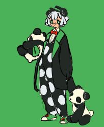 Rule 34 | 1boy, animal, animal ears, black coat, black hat, black overalls, bow, bowtie, closed mouth, coat, commentary request, full body, glasses, green background, green eyes, green footwear, grey hair, hat, highres, holding, holding animal, looking at viewer, male focus, original, overalls, panda, panda boy, panda ears, pince-nez, polka dot, red bow, red bowtie, shima (wansyon144), short hair, simple background, solo, standing