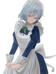 Rule 34 | 1girl, apron, apron hold, black ribbon, blue dress, blue eyes, bow, braid, closed mouth, commentary, cowboy shot, dress, green bow, grey hair, hair between eyes, hair bow, highres, izayoi sakuya, juliet sleeves, long sleeves, looking at viewer, maid apron, maid headdress, medium hair, neck ribbon, puffy sleeves, ribbon, ropu 1, side braids, simple background, solo, touhou, white apron, white background