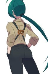 1girl ahoge androgynous ass asymmetrical_bangs back black_gloves black_pants collared_shirt creatures_(company) ear_piercing earrings flat_ass game_freak gloves green_hair hands_in_pockets highres jewelry long_hair nintendo pants piercing pokemon pokemon_sv ponytail reverse_trap rika_(pokemon) riki_(inushima_) shirt solo suspenders triangle_earrings