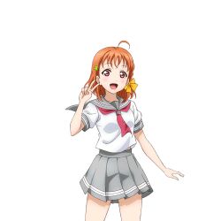 1girl :d ahoge anime_coloring blush bow braid clover_hair_ornament cowboy_shot grey_sailor_collar grey_skirt hair_bow hair_ornament hand_up looking_at_viewer love_live! love_live!_school_idol_festival love_live!_sunshine!! medium_hair midriff_peek miniskirt neckerchief official_art open_hand open_mouth orange_hair pleated_skirt red_eyes red_neckerchief sailor_collar school_uniform serafuku shirt short_sleeves side_braid skirt smile solo summer_uniform takami_chika tie_clip transparent_background uranohoshi_school_uniform v white_shirt yellow_bow