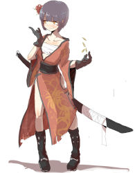 Rule 34 | 0123456789, 1girl, black hair, boots, female focus, full body, gloves, highres, non-web source, original, sarashi, short hair, solo, sword, weapon