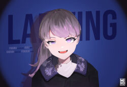 1girl :d absurdres artist_logo black_jacket blue_background english_text grey_hair highres jacket lapwing_(vrchat) logo long_hair looking_at_viewer open_mouth ponytail purple_eyes purple_hair shadow shirt sky_padoru smile solo spotlight teeth upper_body vrchat white_shirt