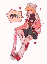 1boy alternate_costume androgynous bare_shoulders baseball_bat black_shirt blonde_hair bow buckle chain cleavage_cutout clothing_cutout crossdressing earrings full_body gon_freecss grey_hat grey_skirt hat heart heart-shaped_buckle highres holding holding_baseball_bat hunter_x_hunter ik18166181ik jacket jewelry killua_zoldyck kurapika leg_warmers leorio_paladiknight long_sleeves looking_at_object male_focus off_shoulder pink_bow pink_jacket red_arm_warmers red_eyes red_shoes shirt shoes short_hair simple_background skirt sleeveless sneakers solo standing star_(symbol) turtleneck white_background white_leg_warmers