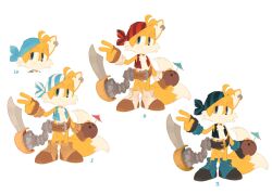 alternate_color animal_ear_piercing animal_ears animal_nose aqua_eyes aqua_vest belt black_gloves blonde_hair boots brown_belt brown_gloves closed_mouth cocktail_umbrella coconut concept_art fingerless_gloves fox_boy fox_ears fox_tail full_body furry furry_male gloves hand_up highres holding holding_sword holding_weapon looking_at_viewer male_focus multiple_tails multiple_views nicholas_kole official_art production_art red_vest sails_(sonic) simple_background smile sonic_(series) sonic_prime standing striped_bandana sword tail tails_(sonic) two_tails v variations vest weapon white_background yellow_fur