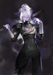 1girl absurdres baldur&#039;s_gate baldur&#039;s_gate_3 black_background black_pants blood blood_on_face colored_skin cowboy_shot dark_elf dungeons_&amp;_dragons dungeons_&amp;_dragons elf hair_over_one_eye highres jtjt596687 looking_at_viewer minthara one_eye_covered open_mouth pants pointy_ears purple_skin red_eyes short_hair smile solo standing white_hair