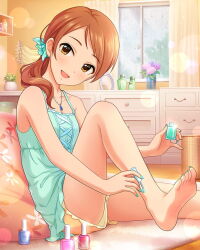 1girl basket breasts card_(medium) cleavage cosmetics curtains drawer feet flower hojo_karen houjou_karen idolmaster idolmaster_cinderella_girls jewelry nail_polish nail_polish_bottle necklace official_art open_mouth orange_eyes orange_hair plant potted_plant short_shorts shorts sitting soles solo toenail_polish toenails toes window