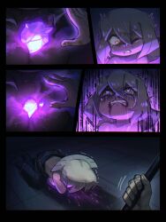 1boy 1girl ^^^ absurdres blood blood_from_mouth clenched_teeth crystal fahrinos_(porforever) flail_witch_(porforever) grey_hair highres magic one_eye_closed original pain porforever sweatdrop tearing_up tears teeth twitching yellow_eyes