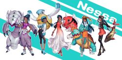 1girl aqua_eyes armlet barraskewda belly_chain bikini blue_eyeshadow blush boots character_name dark-skinned_female dark_skin drednaw dress earrings eyeliner eyeshadow gen_1_pokemon gen_3_pokemon gen_7_pokemon gen_8_pokemon gloves golisopod gym_leader hair_bun highres holding holding_poke_ball hoop_earrings jewelry long_hair makeup multicolored_hair nessa_(pokemon) nintendo pelipper poke_ball poke_ball_(basic) pokemon pokemon_(creature) pokemon_swsh sakai_(motomei) seaking shoes single_glove single_hair_bun sneakers sportswear swimsuit tankini two-tone_hair