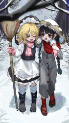 Rule 34 | 2girls, absurdres, apron, arm around neck, black boots, black hair, black hat, black skirt, blonde hair, boots, braid, broom, gloves, grey robe, hat, highres, holding, holding broom, kirisame marisa, kourou (kouroukun), low twin braids, multiple girls, okobo, one eye closed, pink gloves, pink scarf, platform sandals, red eyes, red socks, robe, sandals, scarf, shirt, skirt, smile, snow, socks, touhou, twin braids, white apron, white shirt, winter, witch hat, yatadera narumi, yellow eyes