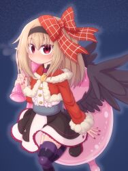 absurdres black_dress black_hairband black_wings blonde_hair checkered_ribbon christmas condom dark_feather_alma dress emil_chronicle_online hair_ribbon hairband highres holding holding_condom jacket purple_thighhighs red_jacket red_ribbon ribbon rna0 santa_costume simple_background striped_clothes striped_thighhighs thighhighs wings